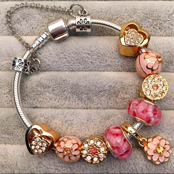 Silver & Pink Peony Flower Charm Bracelet, 16 CM - Picture 2 of 4